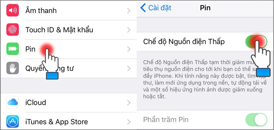 Cài đặt chế độ pin yếu trên iPhone.